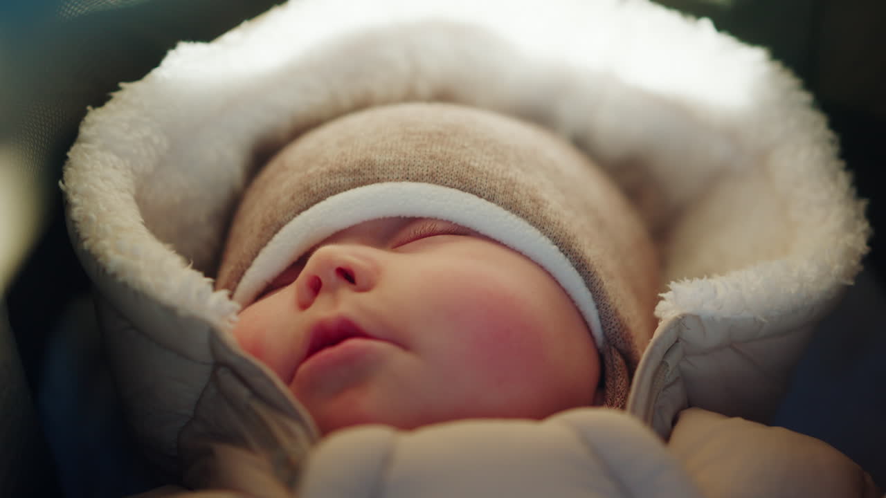 Primo piano di un neonato che dorme, avvolto in caldi vestiti invernali, con luce naturale soffusa