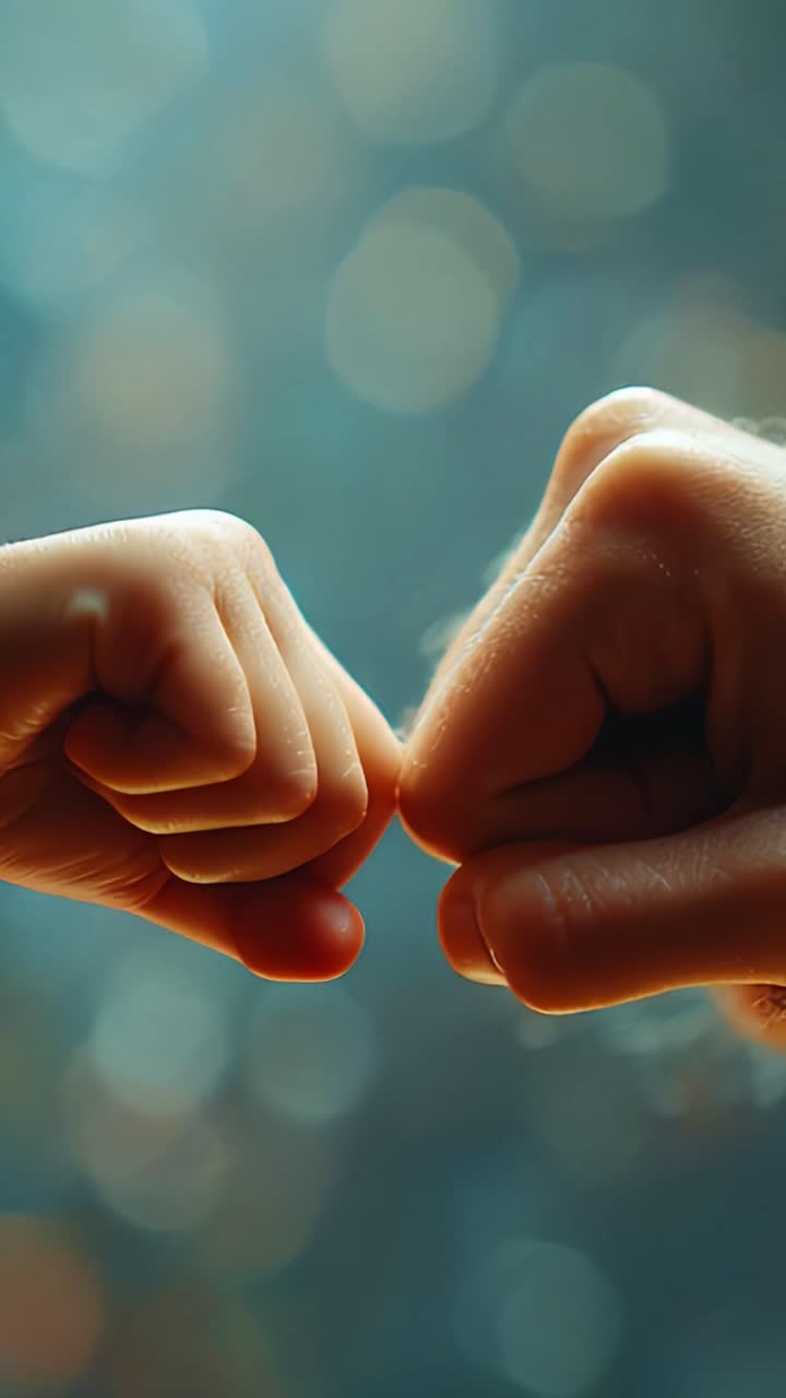 A Captivating Moment of Connection: Displaying Unity Through Fist Bumps Between Two Hands Against a Beautifully Blurred Background of Colors and Light