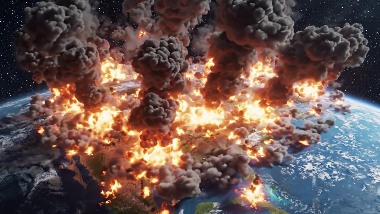 Cataclysme dévastateur : une représentation dramatique de la Terre assiégée, observez des explosions et le chaos vus d'en haut dans une illustration visuelle époustouflante de destruction mondiale.
