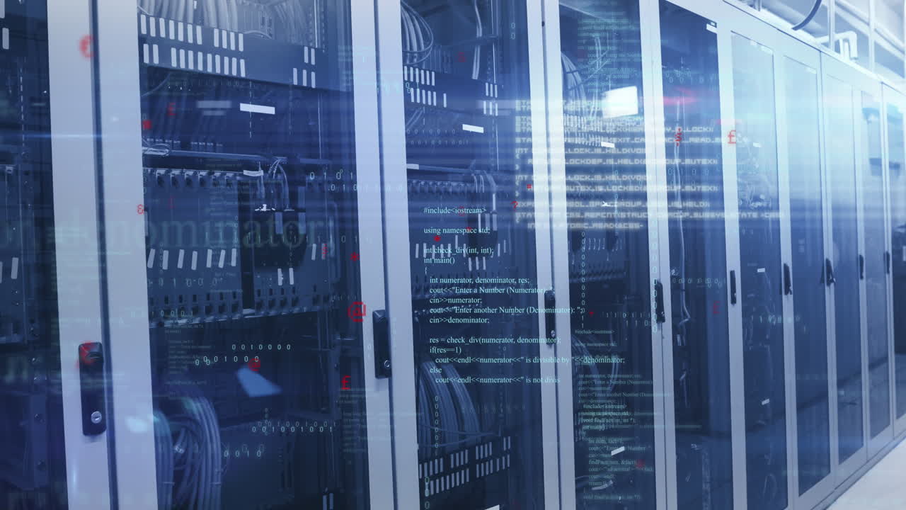 Animation of light spots and data processing against computer server room