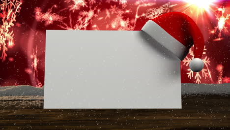 Animation-of-white-card-with-copy-space-and-snow-falling-with-santa-claus-hat