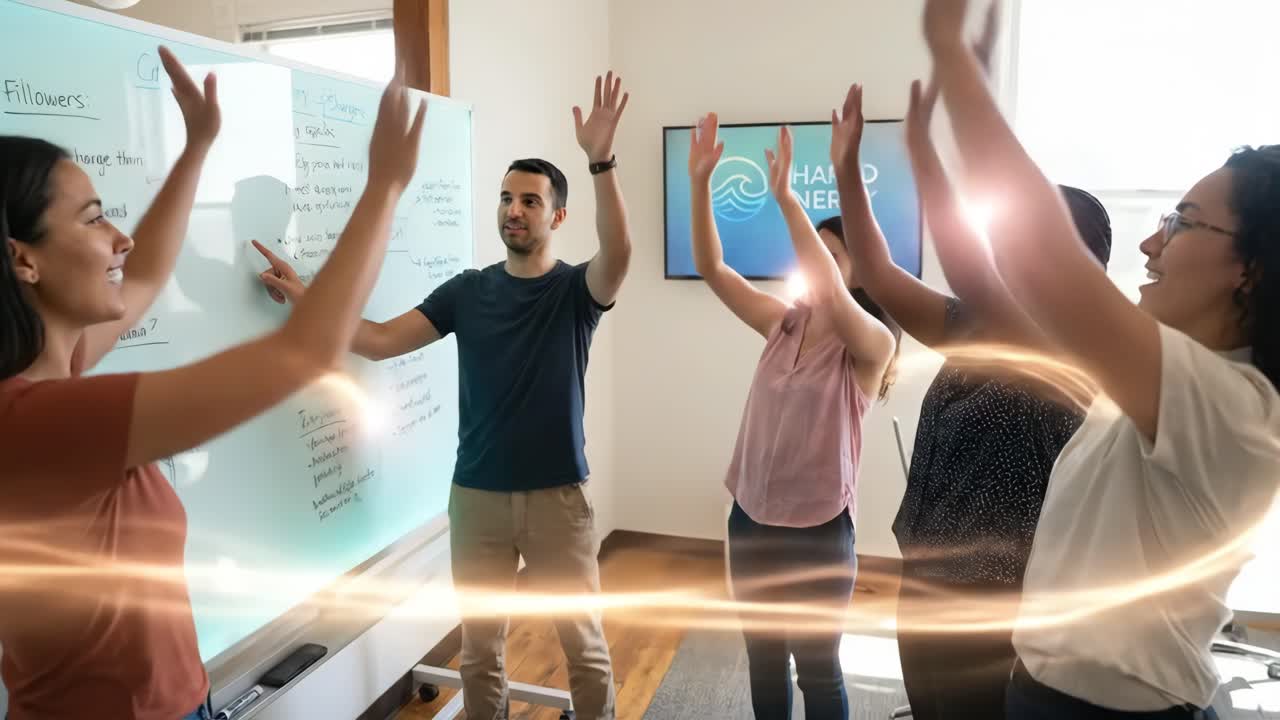 Equipo empresarial diverso colaborando con energía en una oficina moderna