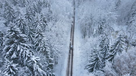 Vehículo-Que-Viaja-A-Través-Del-Camino-Rural-Cubierto-De-Nieve-A-Través-De-árboles-Cerca-Del-Pueblo-Deby,-Polonia