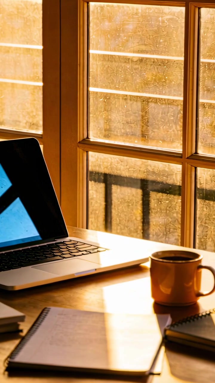 Vertical video: Shifting camera capturing sunlight through window, lighting laptop and coffee mug