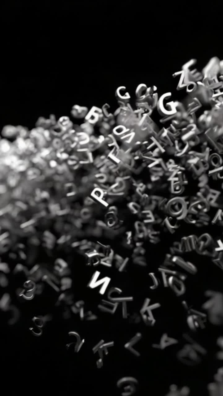 Dynamic Flow of 3D Letters and Characters in Black and White Abstract Representation of Language Variation and Expression in a Cinematic Motion Environment