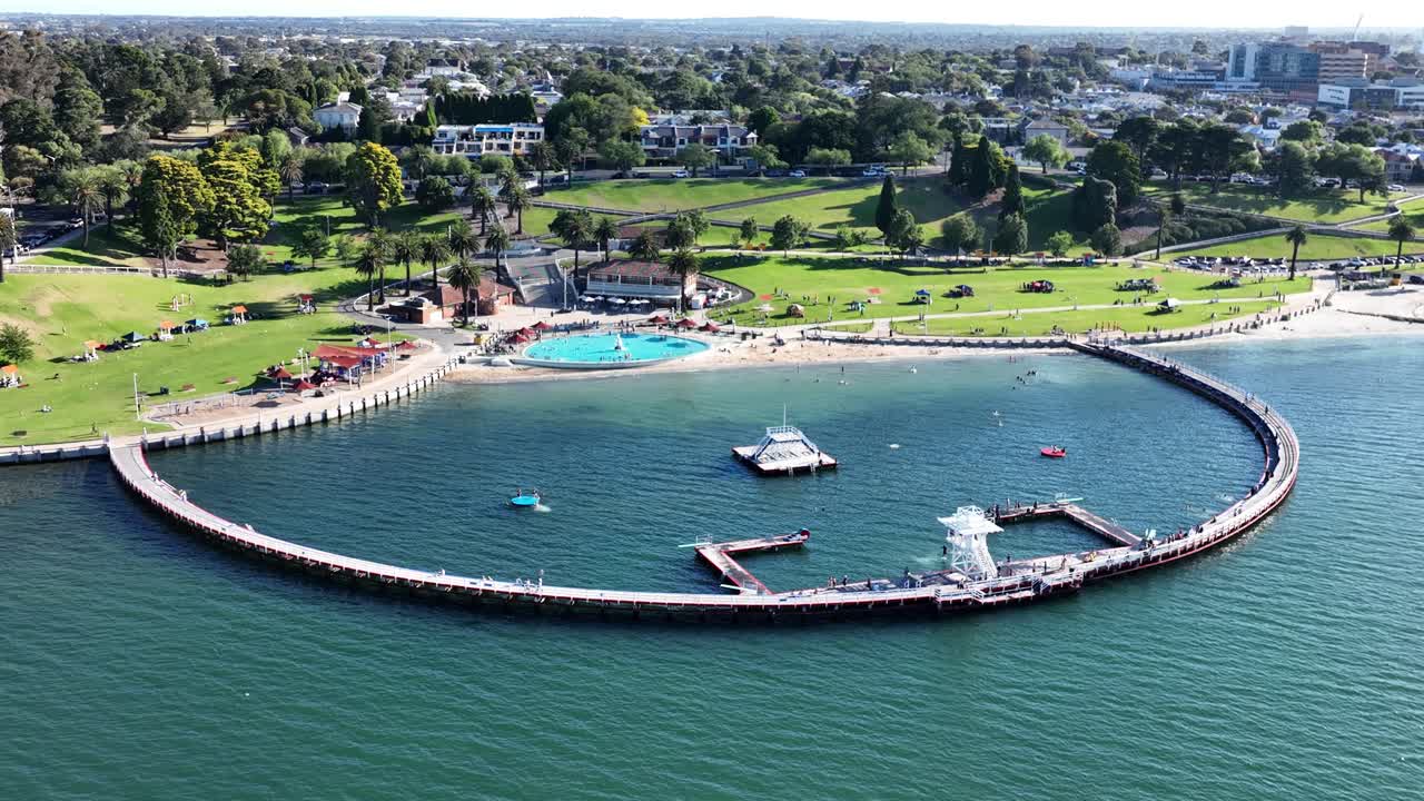 From ocean drone shot of beach pier