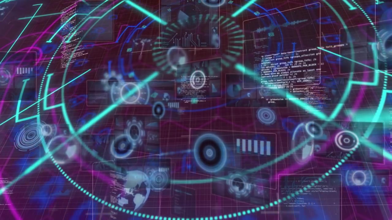 Cyan beams converging, sparking holo hub forming, panels drifting for data display on magenta grid