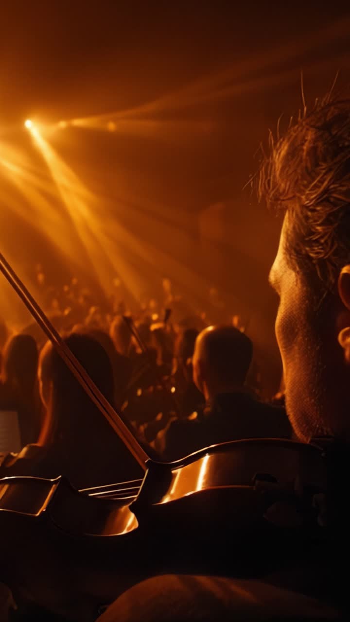 Захватывающее выступление: Крупный план музыканта, играющего на скрипке, на фоне потрясающего светового шоу, погружающего публику в волшебство.