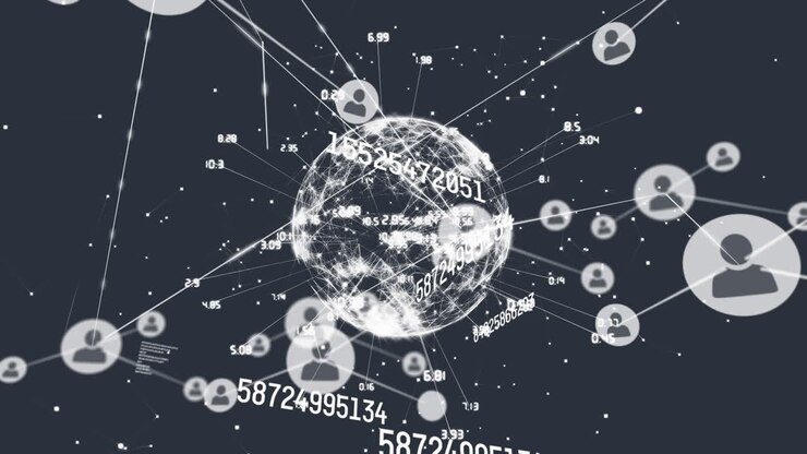 Animation of web of connections and icons over scientific data processing on black background