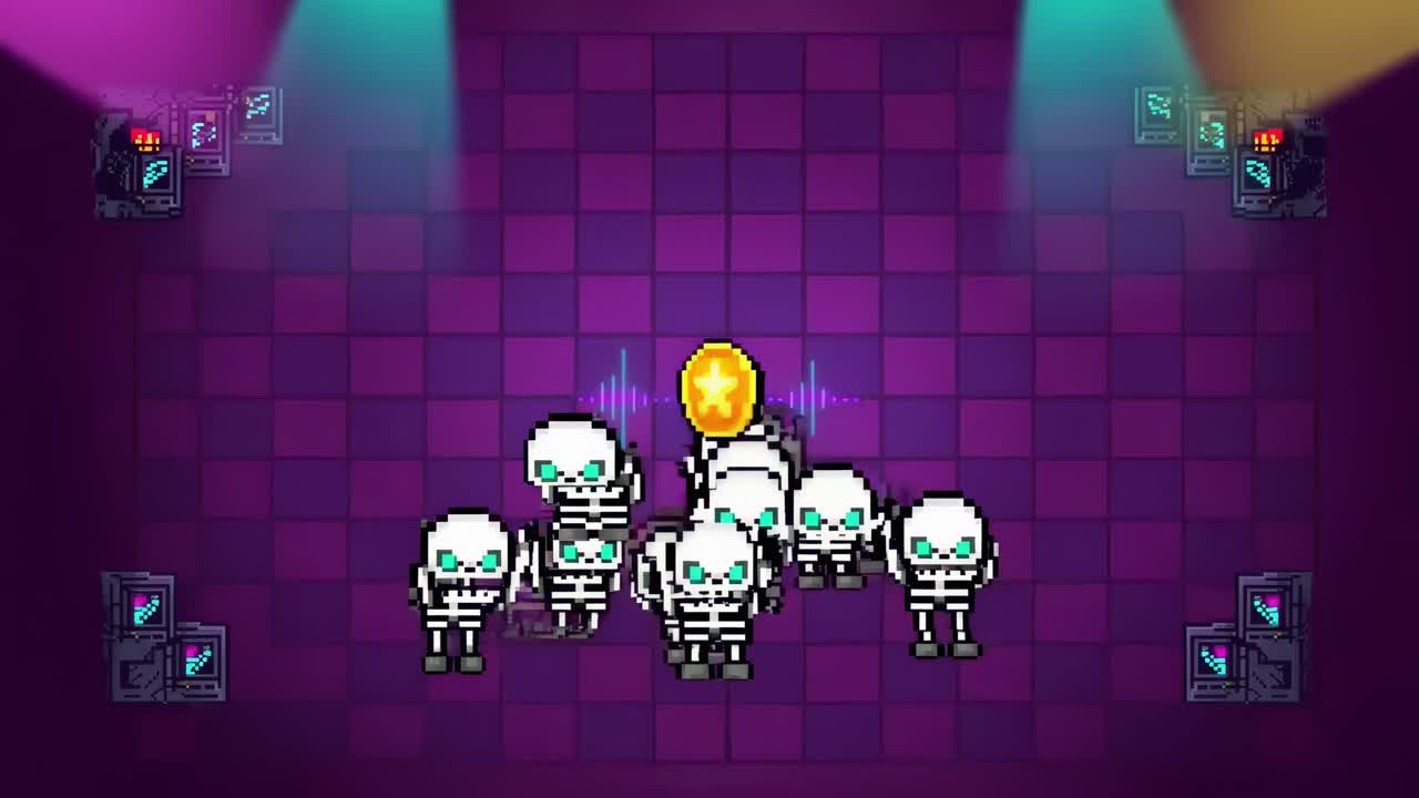 Top-down video game style with pixel art skeletons on a vibrant dance floor