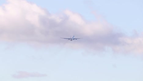 commercial airplane flying in the sky, back view