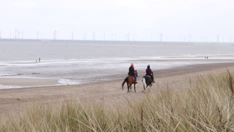 two girls horse riding on a beach