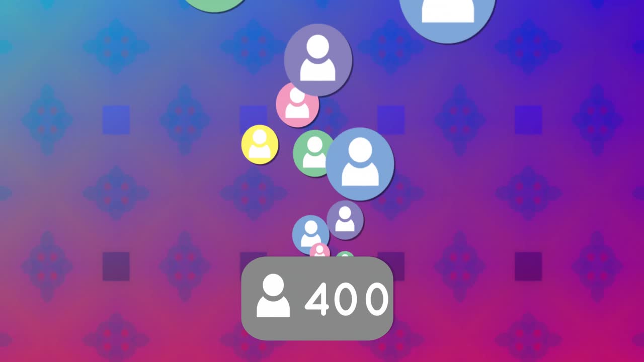 Animation of social media numbers and icons and data processing over pattern