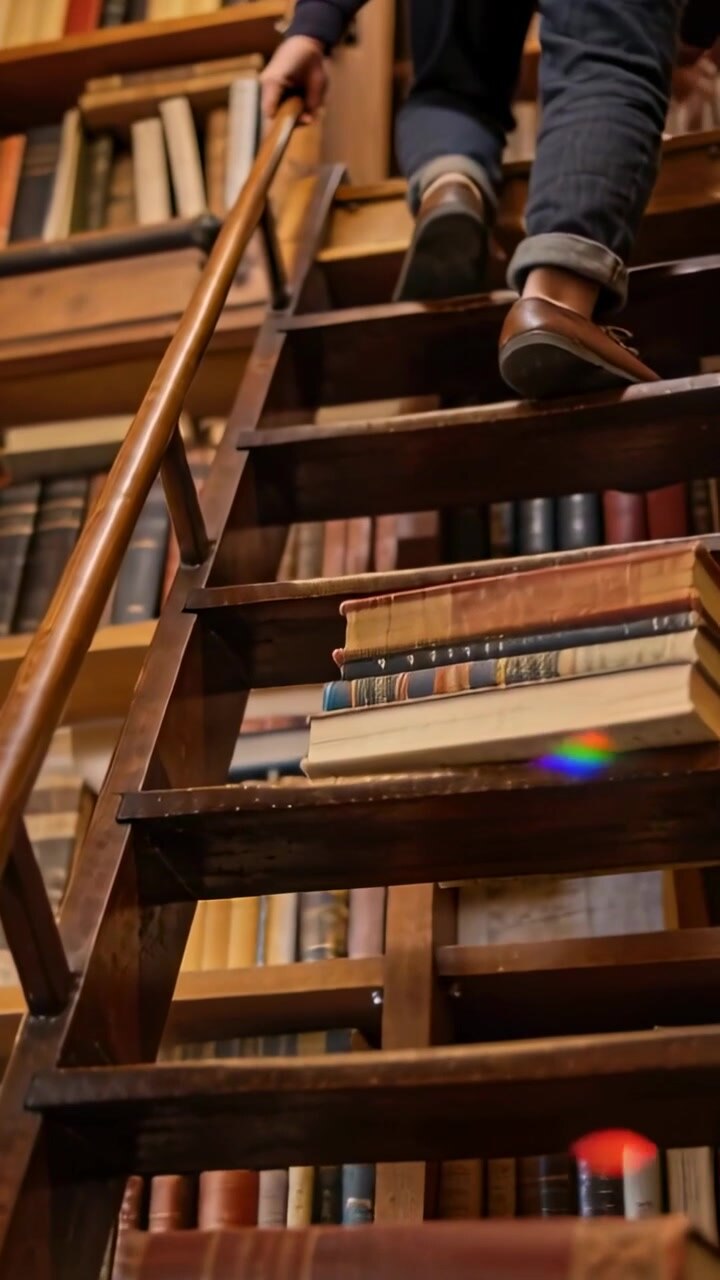 Video verticale: Uomo in jeans che sale su una scala a rotelle in biblioteca, tiene il telefono e si allunga per prendere un libro.