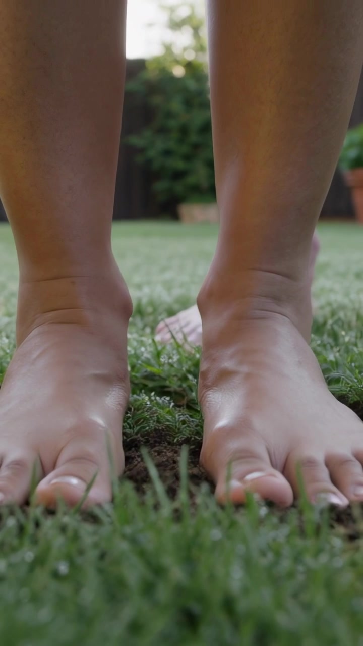 Vertical video: Capturing bare feet shifting forward on garden grass, lowering heels to plant soles