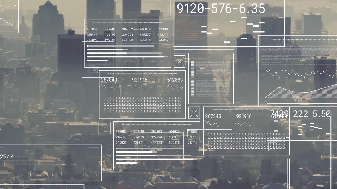 Animation of data processing over cityscape