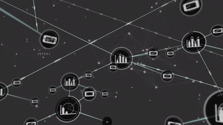 Animation of icons and dots connected with lines over changing numbers against abstract background