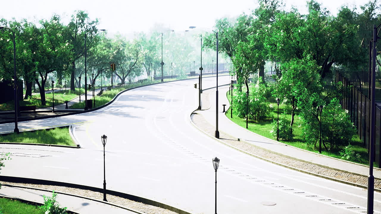 Lush urban scene with winding road and bright sunlight