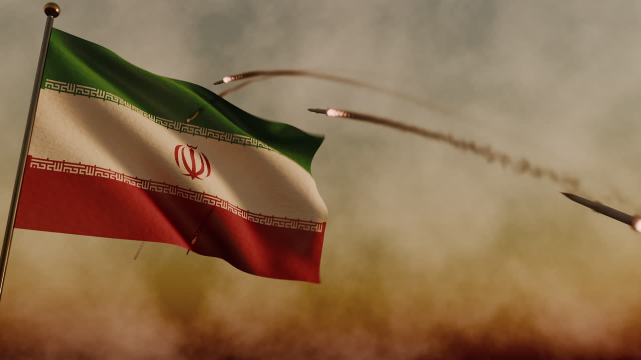 Flag of Iran with missiles launched to defend against war world attack