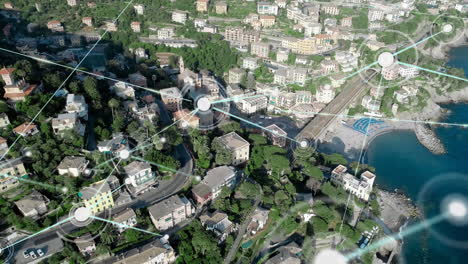 conectores que se mueven en el paisaje urbano de fondo