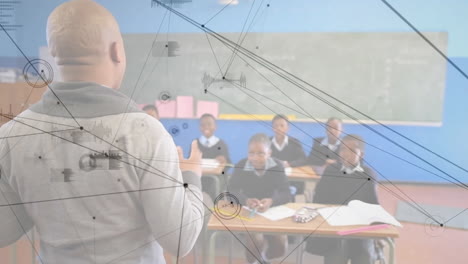 animation of network of connections over diverse schoolchildren with male teacher