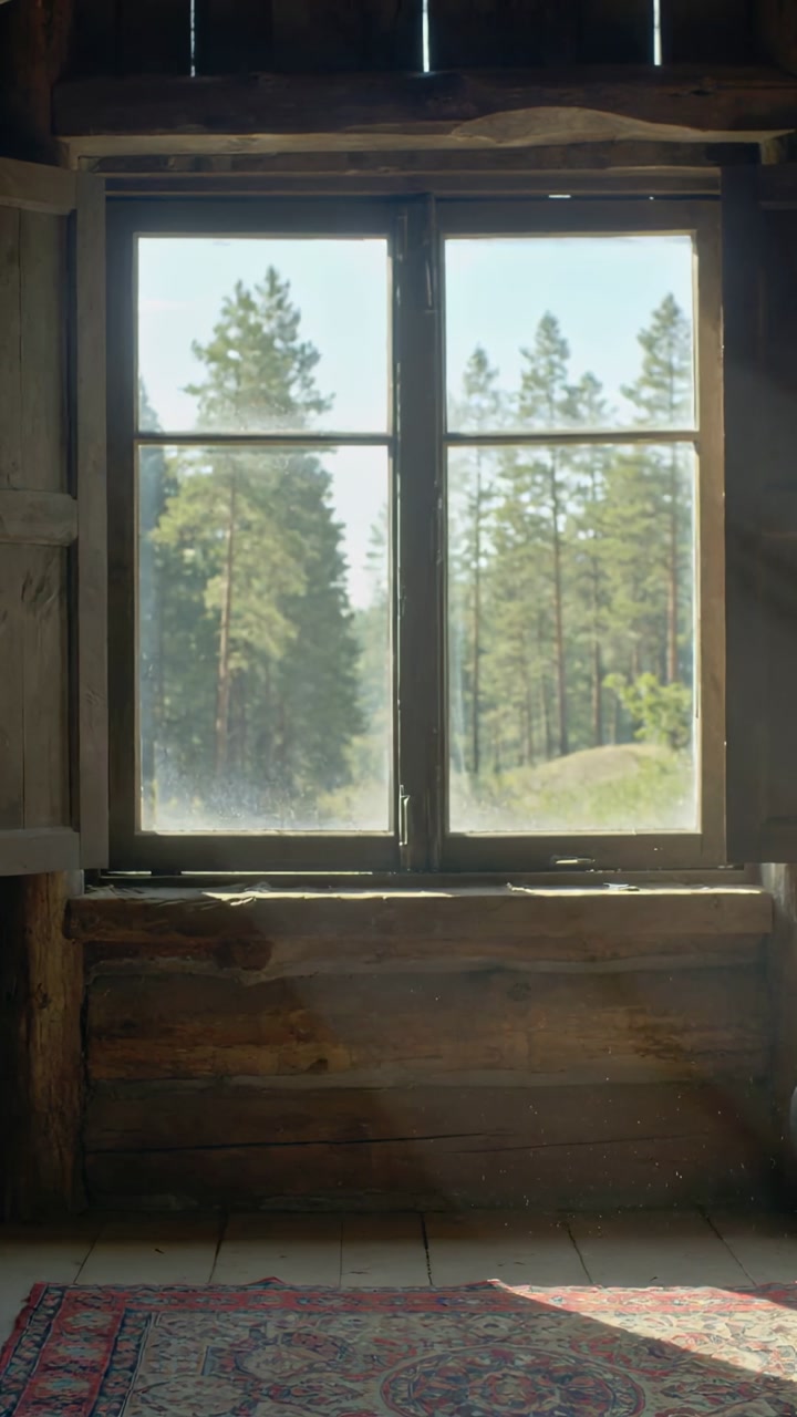 Vertical video: Shifting sunlight crossing wooden double window in log cabin, showing dust on glass