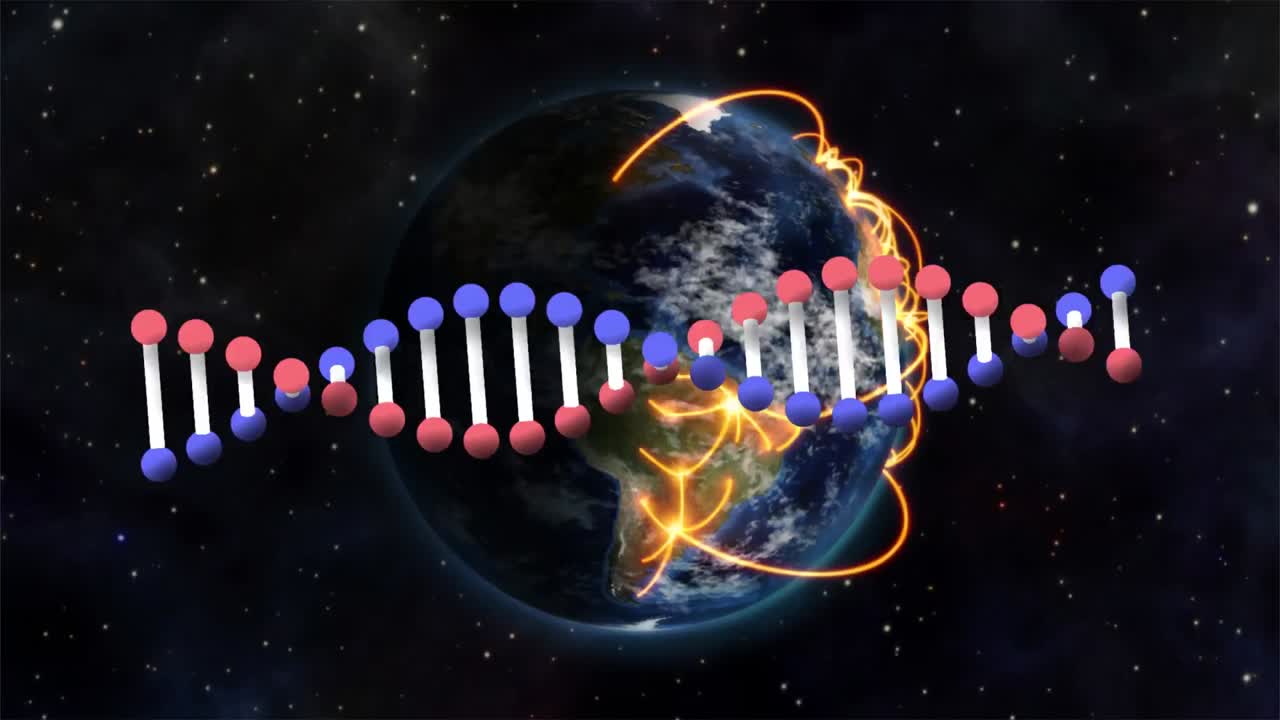 Animazione di un filamento di DNA su un globo su sfondo nero