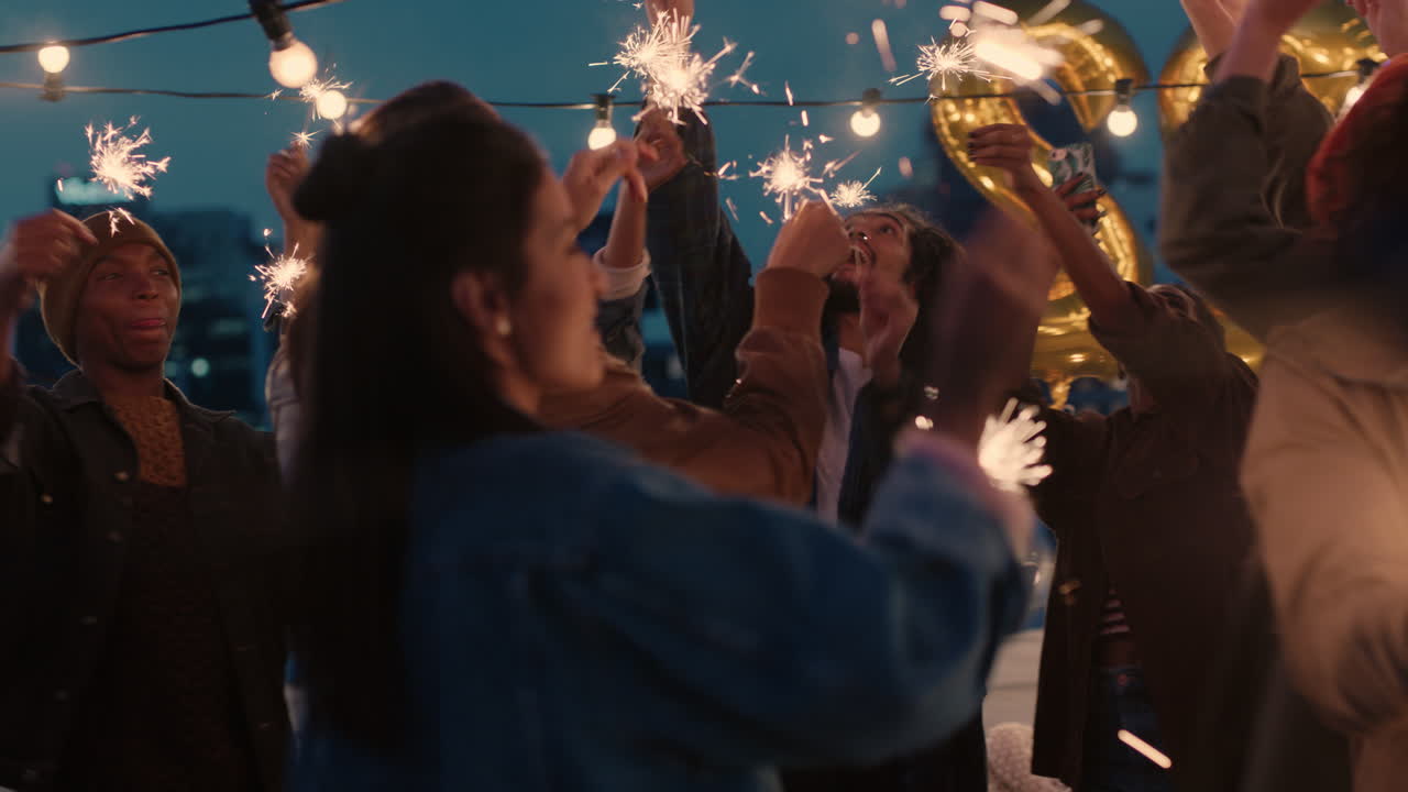 happy friends holding sparklers celebrating birthday party dancing on rooftop having fun enjoying lively celebration at night