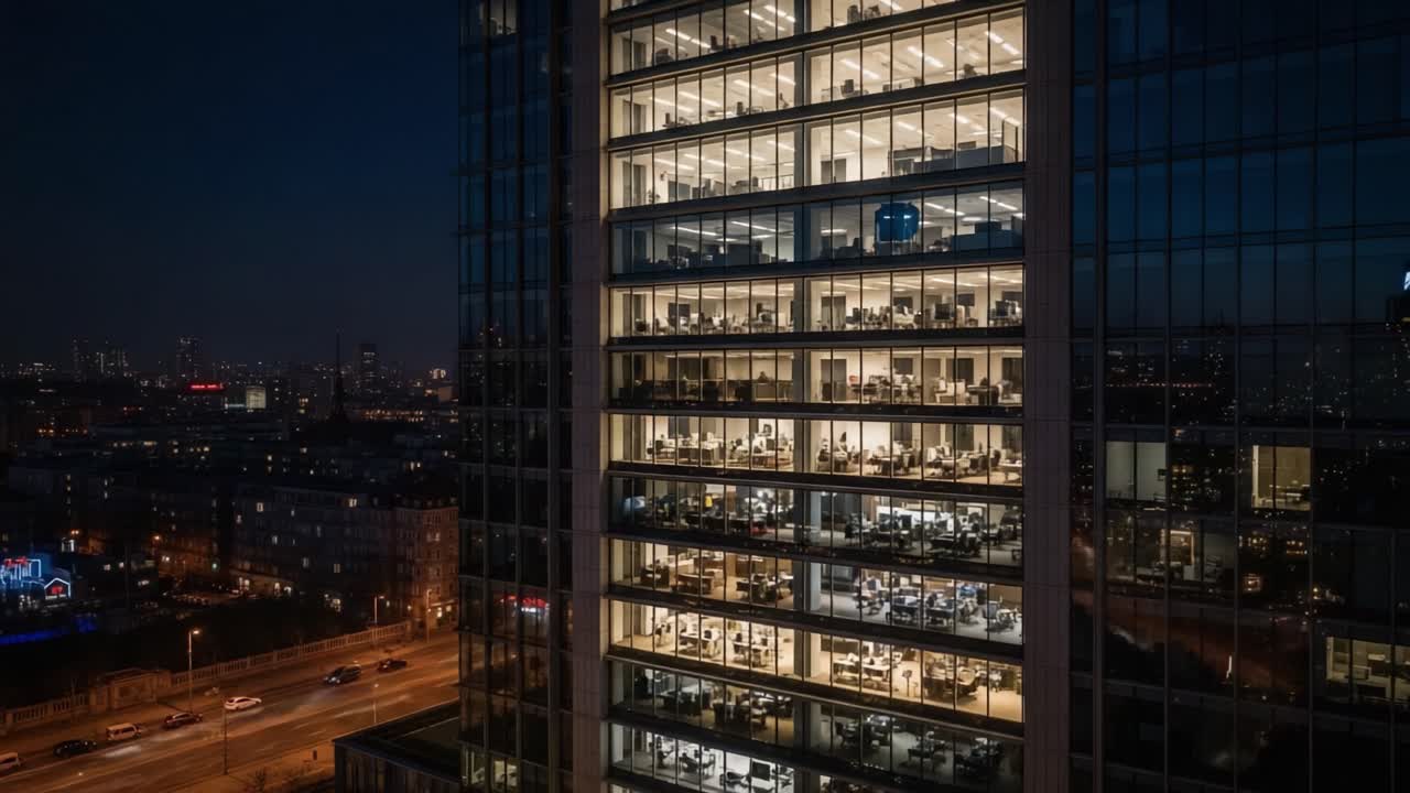 A Night View of a Modern Office Building Showcasing Brightly Lit Workspaces and Busy Employees Engaged in Various Activities Under a Starlit Sky