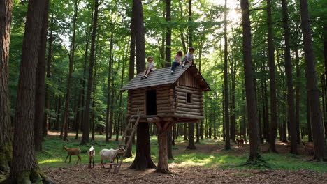 Children and Goats at a Rustic Treehouse in a Lush Forest