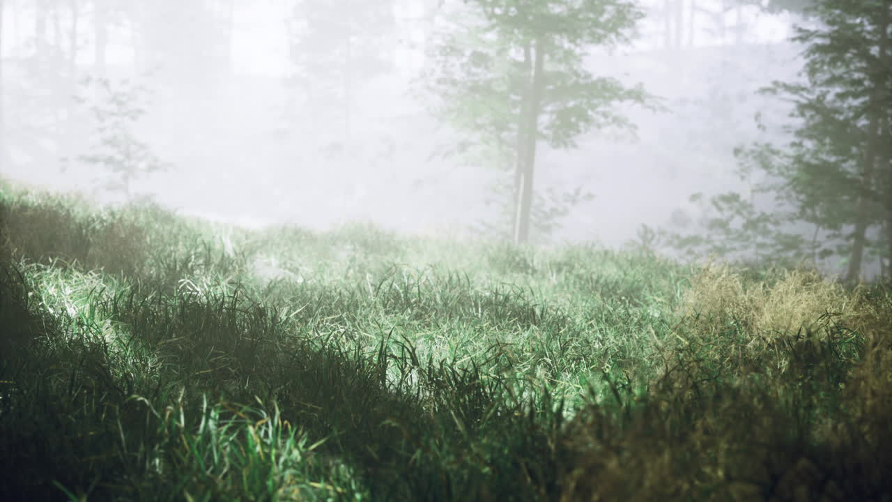 Misty morning on a serene grassy landscape with trees in the background