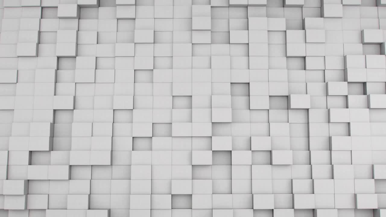 Animating white cube grid lifting into varied heights in studio, following algorithmic pulse