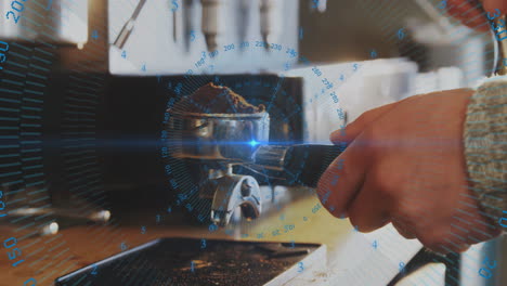 barista hand gripping portafilter under espresso machine, featuring blue hud coffee data overlay