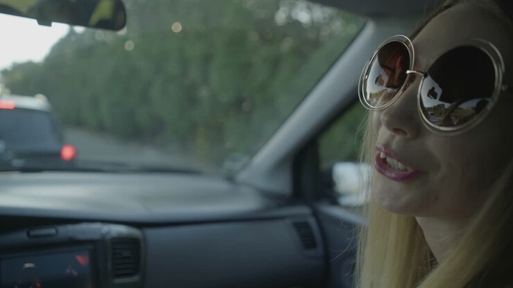 Smiling young woman talking in car