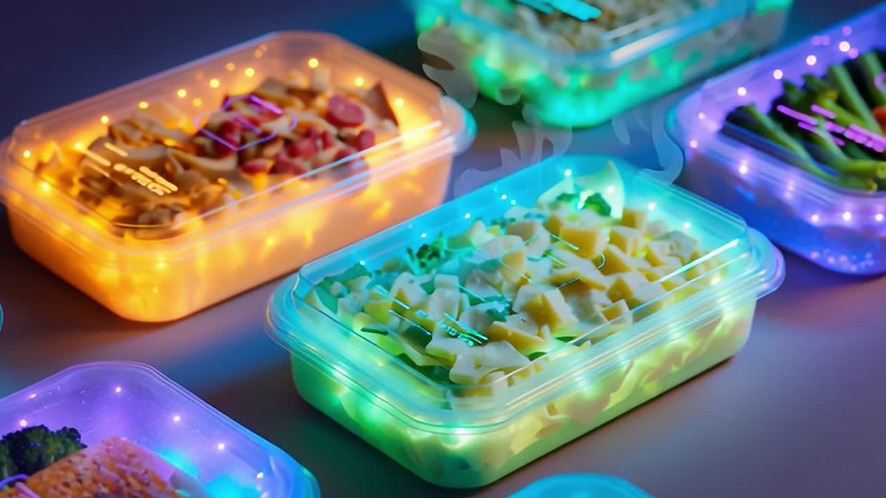 Contenitori per alimenti colorati e illuminati, pasti freschi in mostra per un'alimentazione sana
