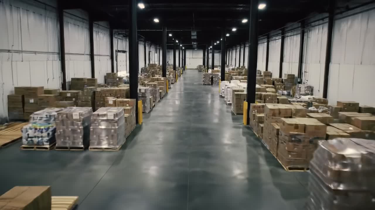 A large warehouse presents rows of neatly stacked pallets, showcasing diverse products stored in an organized manner. The well-lit facility highlights logistics and efficiency in operations.