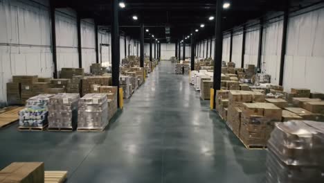 a large warehouse presents rows of neatly stacked pallets, showcasing diverse products stored in an organized manner. the well-lit facility highlights logistics and efficiency in operations.