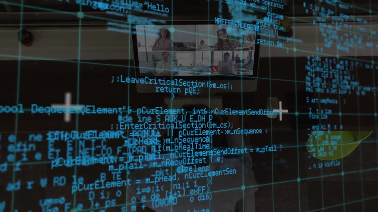 Animation of data processing over african american businessman having video call with colleagues