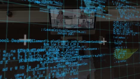 Animation of data processing over african american businessman having video call with colleagues