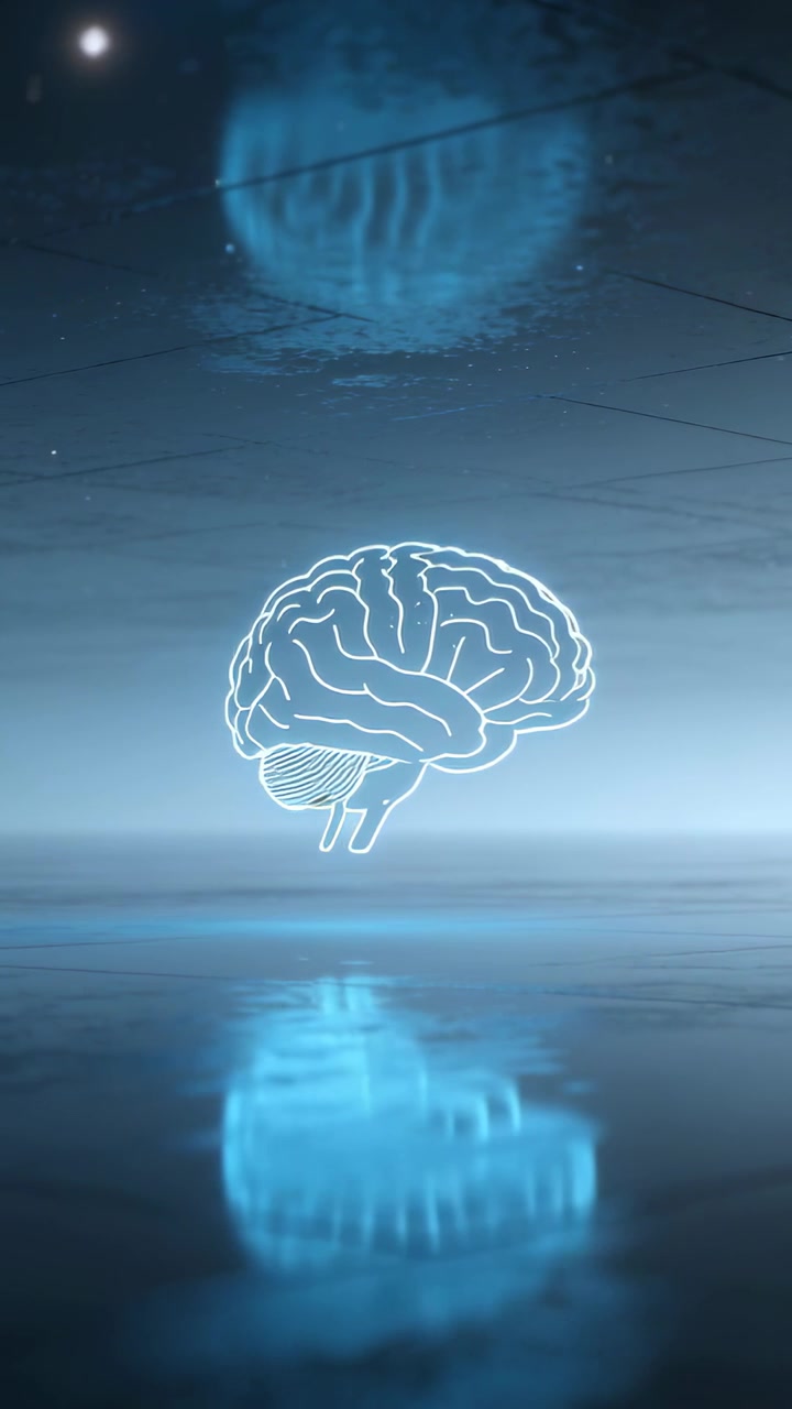 Video verticale: Cervello ciano luminoso che appare pulsando sopra acqua riflettente, evocando un ritmo neurale.
