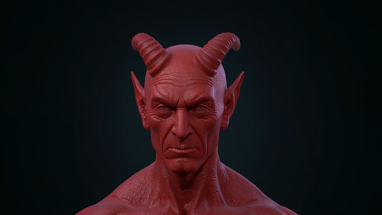 Rotating stylized red demon bust with camera starting slow orbit in studio to reveal curved horns