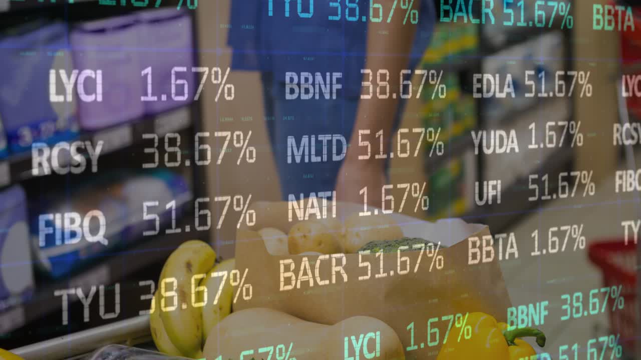 Midadult woman shopping at grocery tray on overlay appearing while cycling % over bananas squash