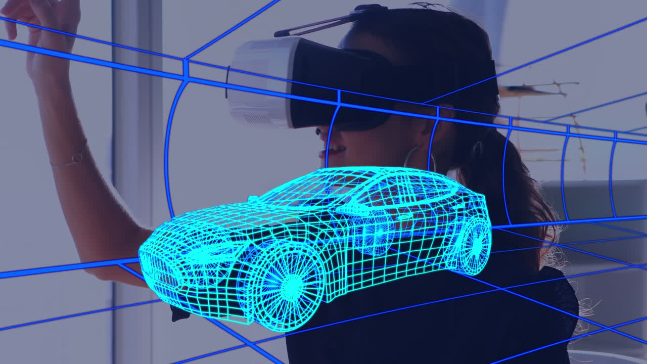 animación de dibujo 3d digital de un coche sobre una mujer usando auriculares vr
