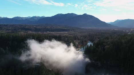 Beautiful-landscape-showing-Snoqualmie-Waterfall-and-River-with-rural-woodland-in-background-and-mountains-during-sunlight-in-America