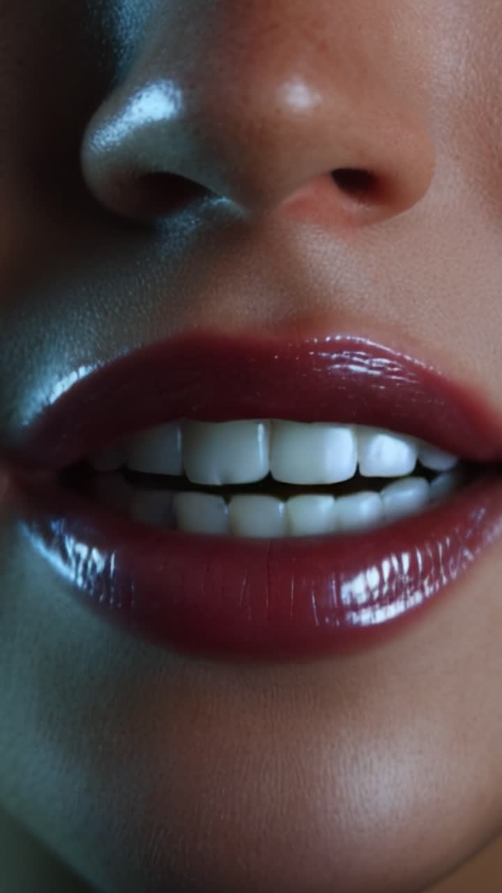 Close-up of Glossy Lips and Smiling Teeth Captured with Dramatic Lighting for a Focused Beauty Aesthetic in a Contemporary Visual Display