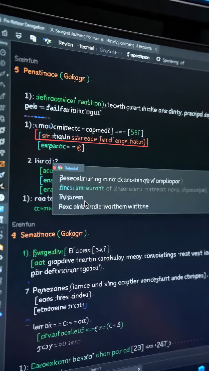 Closeup Code Editor On Monitor Showing Colorful Syntax, Popup Tooltips And Highlighted Errors, Lines Of Script