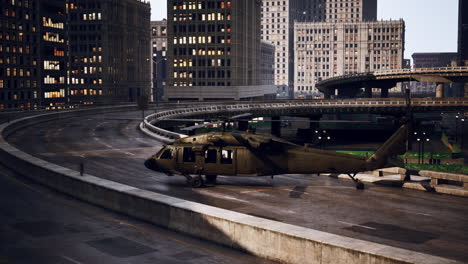 military helicopter landing in a city