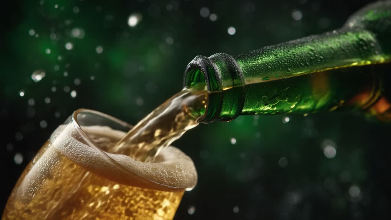 Versare una bevanda rinfrescante: un primo piano di una bottiglia che si svuota in un bicchiere con bollicine e schizzi, catturando l'azione dinamica e rinfrescante.