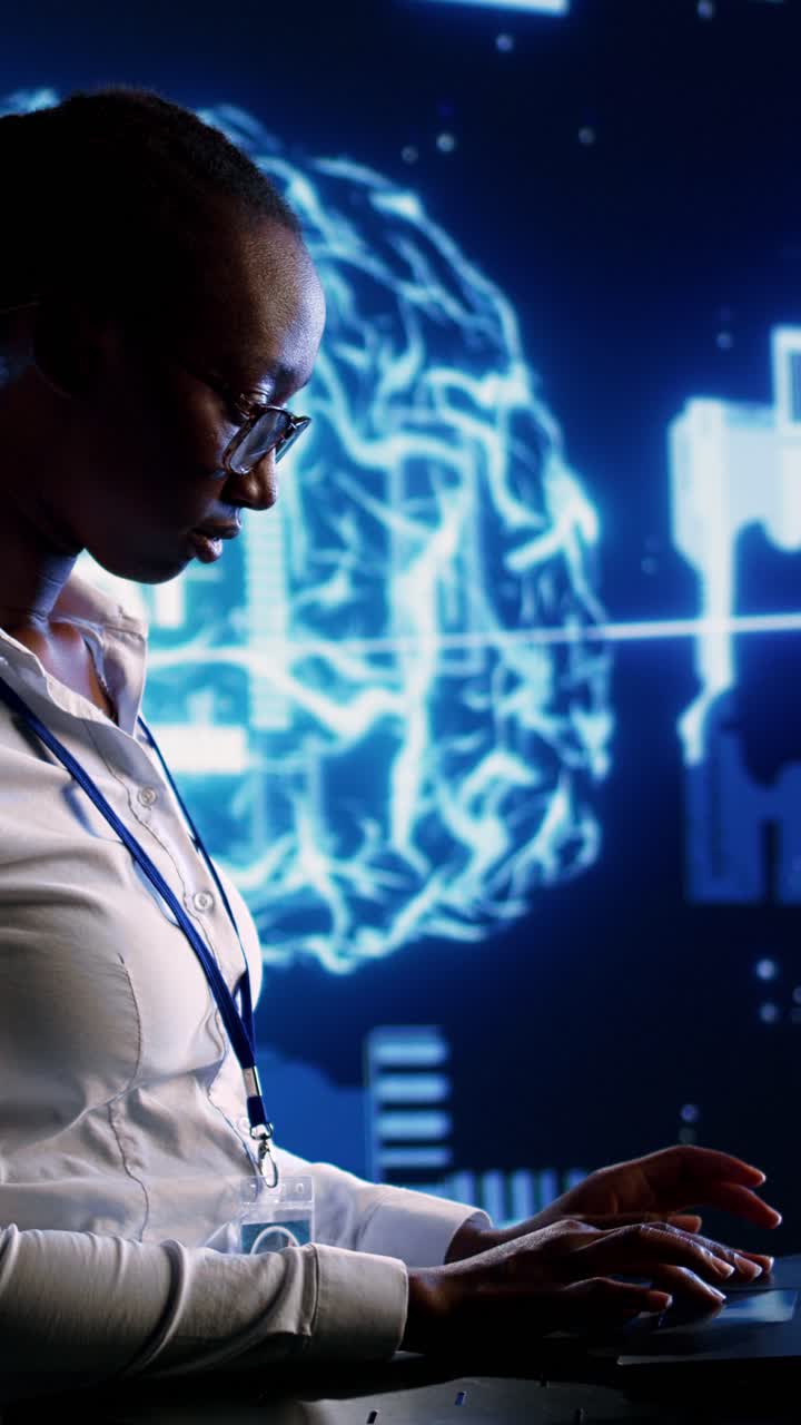Vertical video Technician maintenancing AI systems
