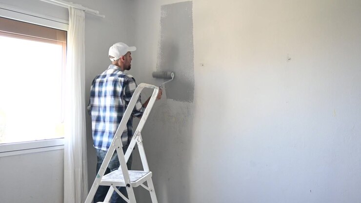 Man dipping paint roller into tray during home renovation